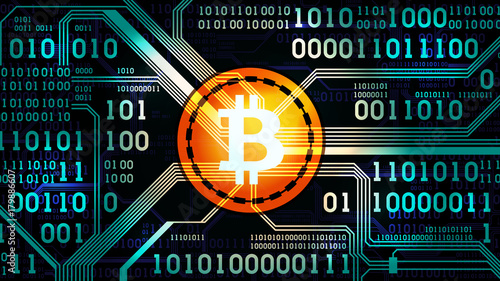 Symbol of cryptocurrency bitcoin on the background of binary code and printed circuit board, well organized layers