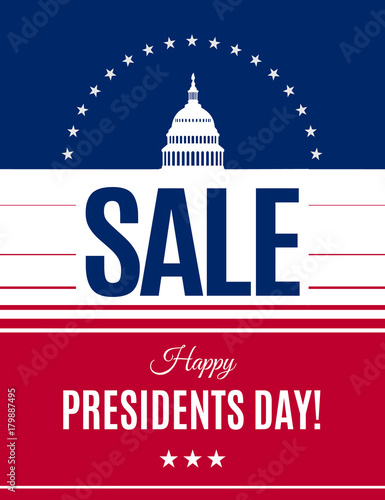 Presidents Day sale banner with Washington DC White house and abstract american flag background. Washington's Birthday discount banner. Vector illustration
