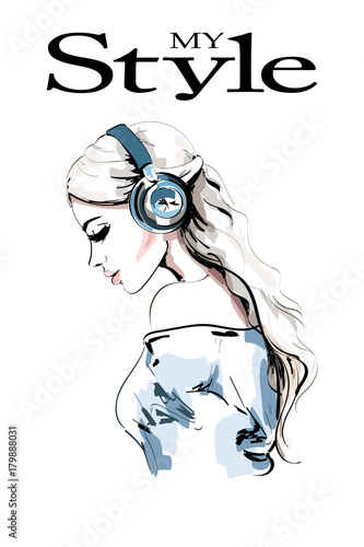 Beautiful young woman profile. Hand drawn woman portrait. Fashion girl in headphones. Sketch. Vector illustration.