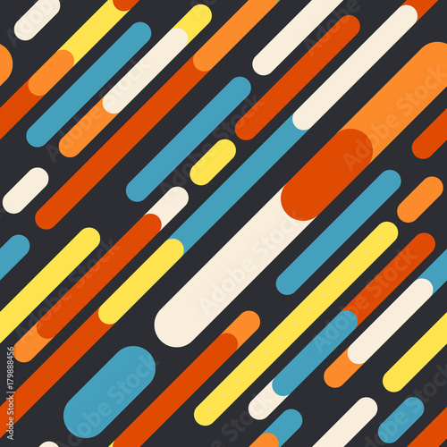 Retro geometric seamless pattern with rounded lines on black background.