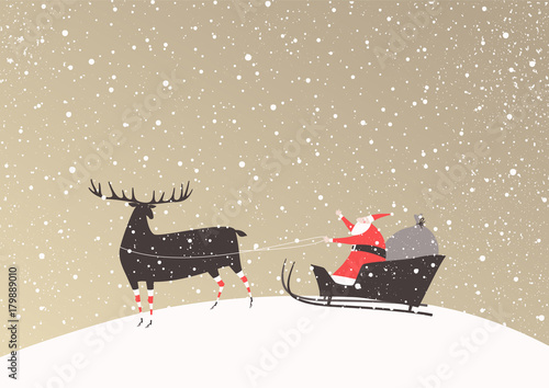 Santa Claus with a bag of gifts on a sleigh and his reindeer in funny stockings. Merry Christmas vector card.
