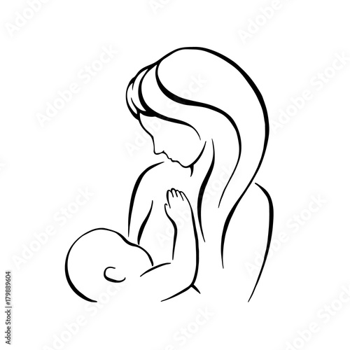 Breast feeding vector sign. Mother holding newborn baby in arms, abstract symbol of woman breastfeeding baby. Mother breastfeeding her baby stylized symbol. Vector
