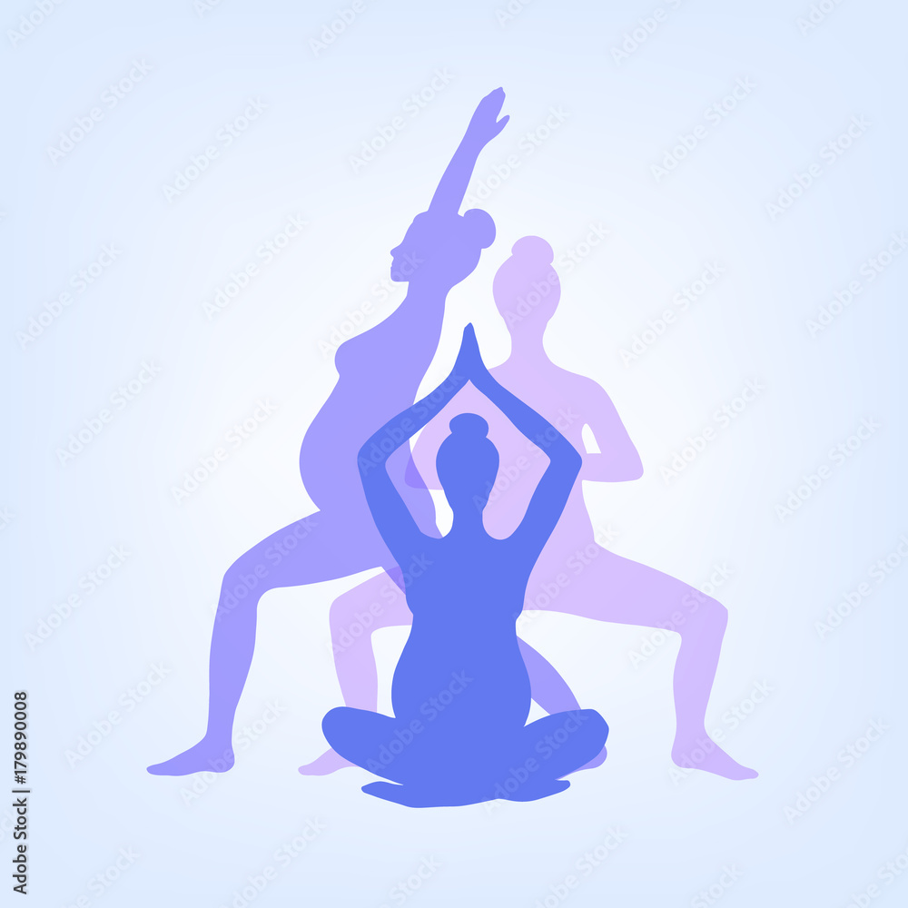Yoga for pregnant women. Set of yoga poses for pregnant women. Asanas for pregnant women. Color vector silhouettes of pregnant women practicing yoga. Logo for the banner, advertising, poster. Yoga for pregnant women. Set of yoga poses for pregnant women. Asanas for pregnant women. Color vector silhouettes of pregnant women practicing yoga. Logo for the banner, advertising, poster.