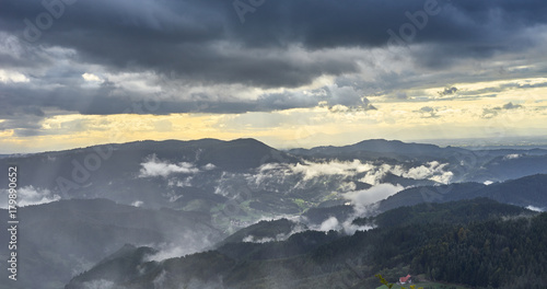 Dramatic sky at rainy day in Black Forest in Germany / Wide panoramic photo of Black Forest nearby Freudenstadt