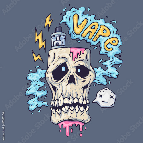 cartoon skull exhales steam. Illustration for vape industry