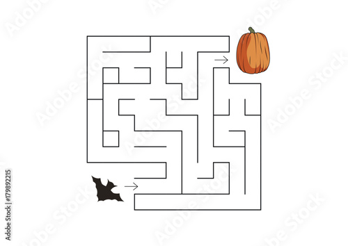 Maze game for kids. Cartoon characters. Bat and pumpkin. Vector illustration