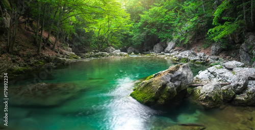 River deep in mountain at summer. Water stream at forest. Panorama