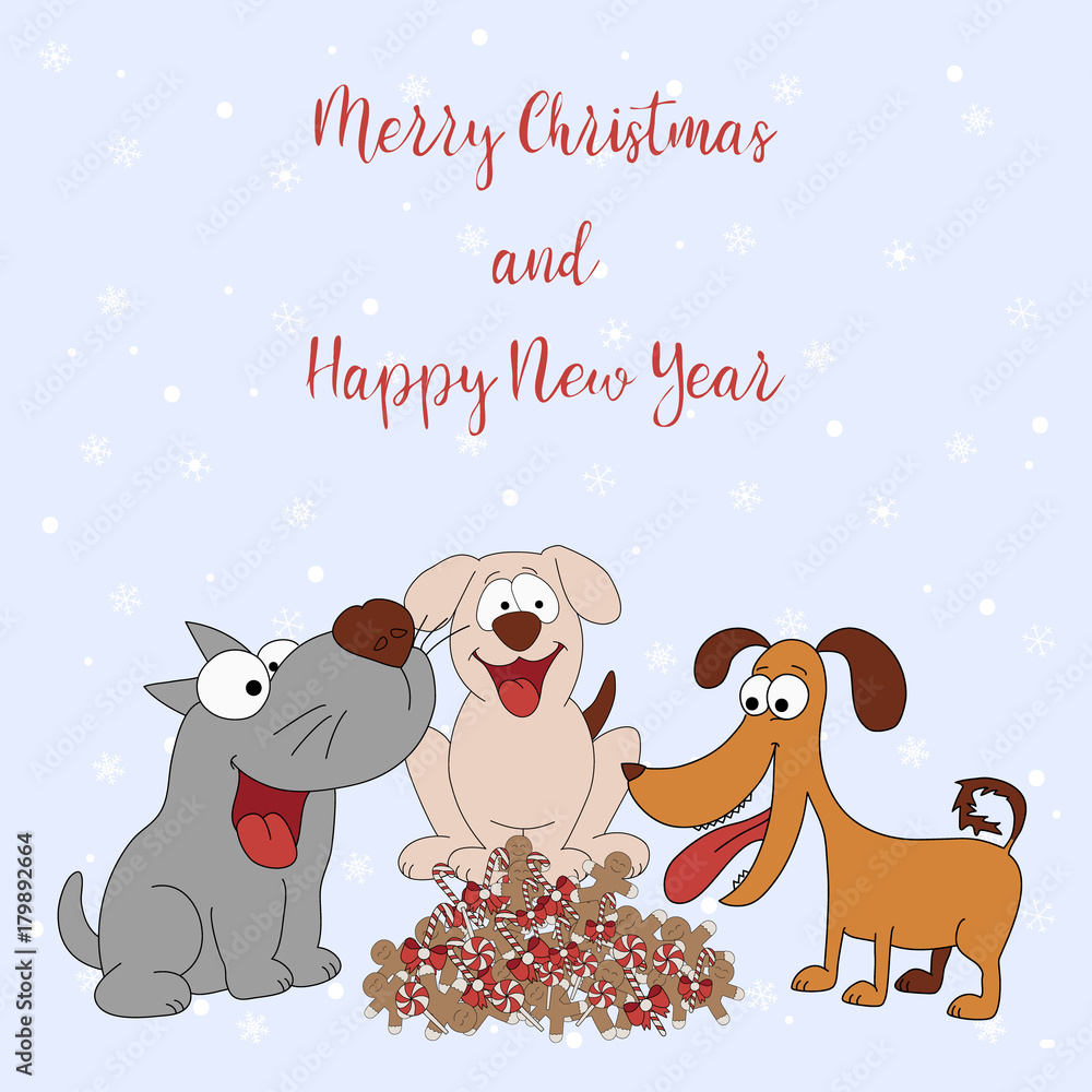 Merry Christmas and Happy New Year. Cartoon greeting card with three dogs  and sweets on the background snowflakes. Cute illustration for a postcard,  poster, banner. Stock Vector | Adobe Stock