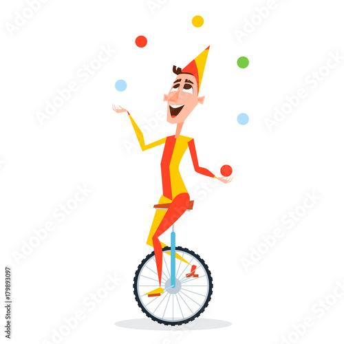 Circus juggler with balls rides on a unicycle