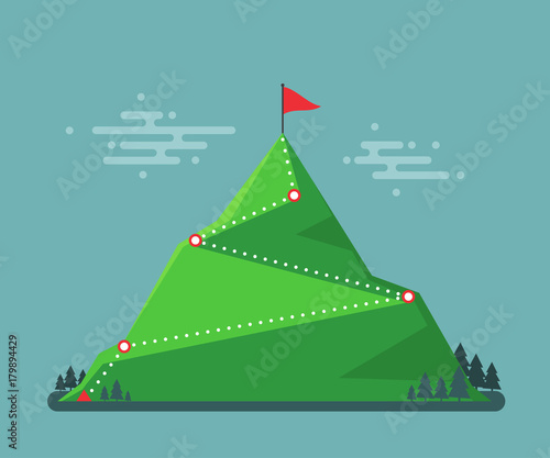 Trail to winner. Climbing hiking. Flag on the mountain peak. Way to successful Business. Vector illustration