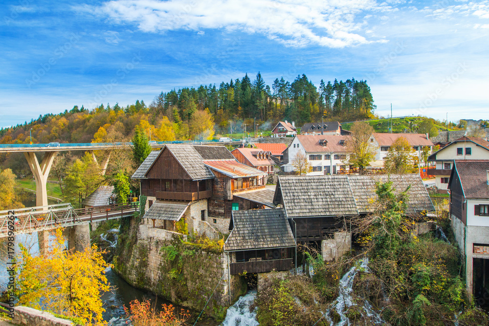Village of Rastoke near Slunj in Croatia, old water mills on waterfalls of Korana river, beautiful countryside landscape 