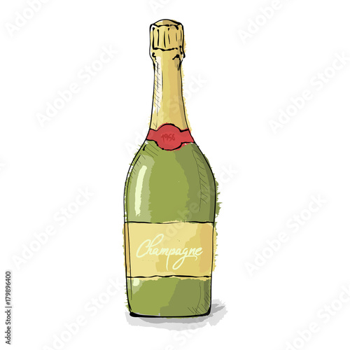 Realistic champagne bottle with gold foil. Christmas drink. Hand drawn vector illustration on a white background.