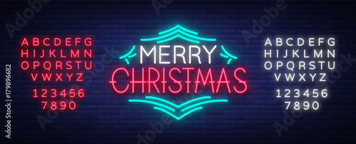 Merry Christmas text, template design letter template, cover in a neon style. Bright glowing banner, neon sign, night congratulation with Christmas. Vector illustration. Editing text neon sign