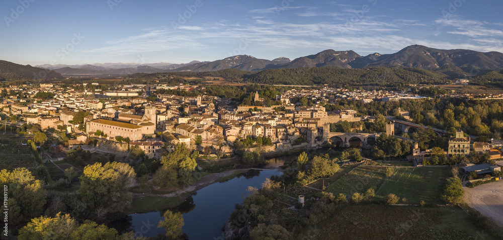 Aerial view of the Medieval town of Besalu at sunrise