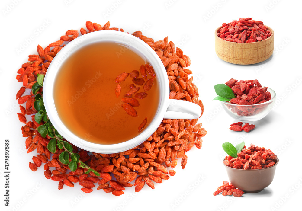 Composition with goji tea on white background Composition with goji tea on white background