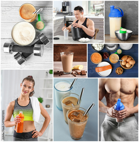 Collage of people with protein shakes and food