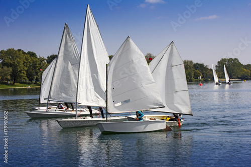 Sports sailing in Lots of Small white boats on the lake