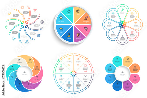 Business infographics. Pie charts with 8 steps, options. Vector templates.