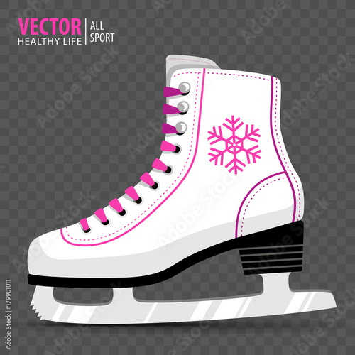 White Ice skate. Figure skating. Women's ice skates. Winter sports. Vector illustration. Transparent background. Banner.