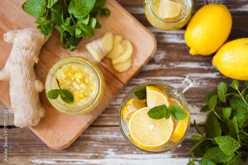 Homemade lemon, ginger and mint jam. Natural medicine, healthy food top view