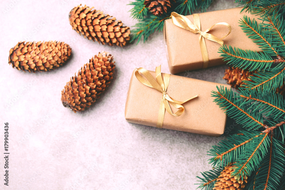 Christmas background. Craft gift boxes and decoration Christmas background. Craft gift boxes and decoration