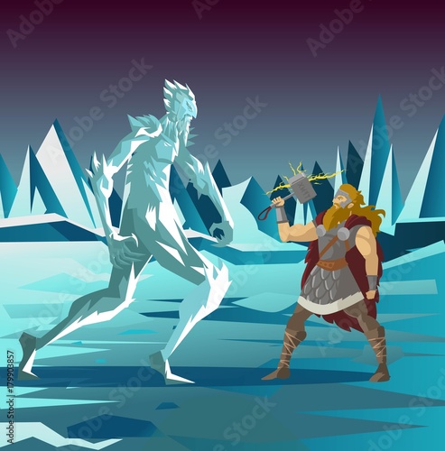 norse mythology thor god of thunder fighting an ice frost creature giant