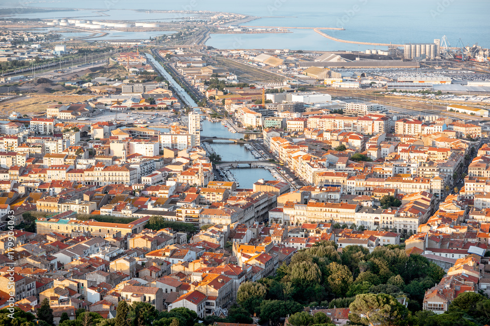 Aerial cityscape view on Sete village during the sunset in Occitanie region in southern France