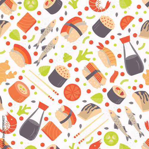 Japanese Sushi and Sashimi seamless pattern.