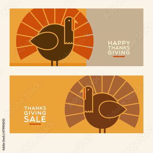 Happy Thanksgiving flat minimalist banner designs with abstract turkey and space for text. For greeting cards, banners, flyers, print.
