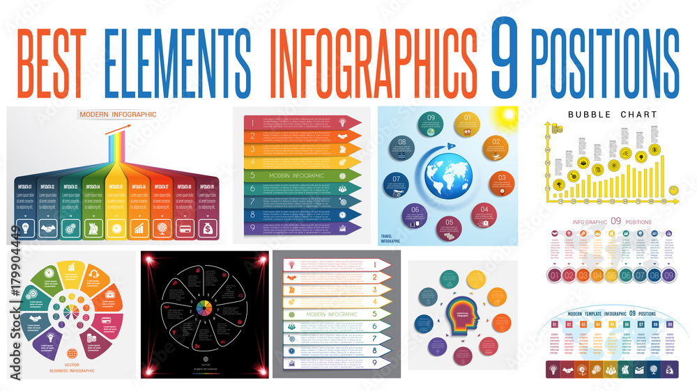 Set 10 universal templates elements Infographics for 9 positions