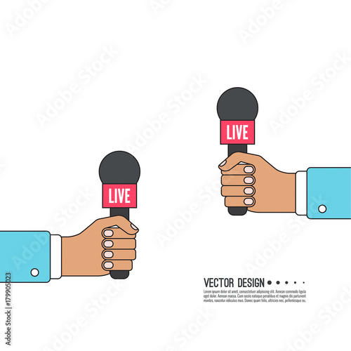 Journalism concept. Live news template with microphone. Symbol breaking news on TV radio. Journalist holding mic. interview, reporter, press, interviewer, media, paparazzi. Vector Linear design