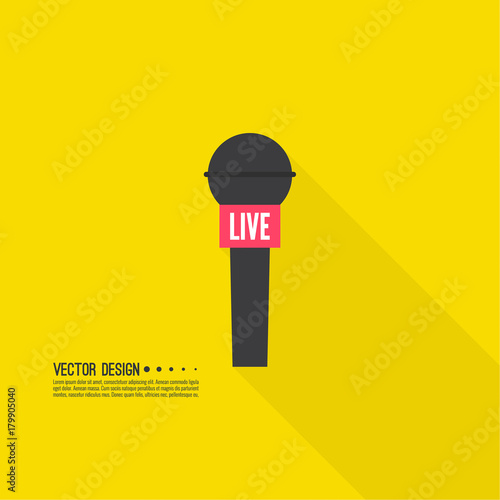 Journalism concept. Live news template with microphone. Symbol breaking news on TV and radio. Journalist, interview, reporter, press, interviewer, mass media, paparazzi, mic text box Vector