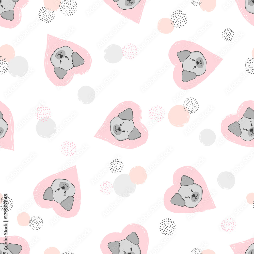 Seamless vector pattern with cute puppies and pink hearts. Seamless vector pattern with cute puppies and pink hearts.
