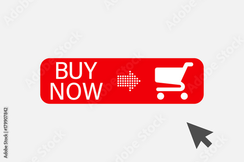 Buy now button with cursor. Design element for mobile and web applications