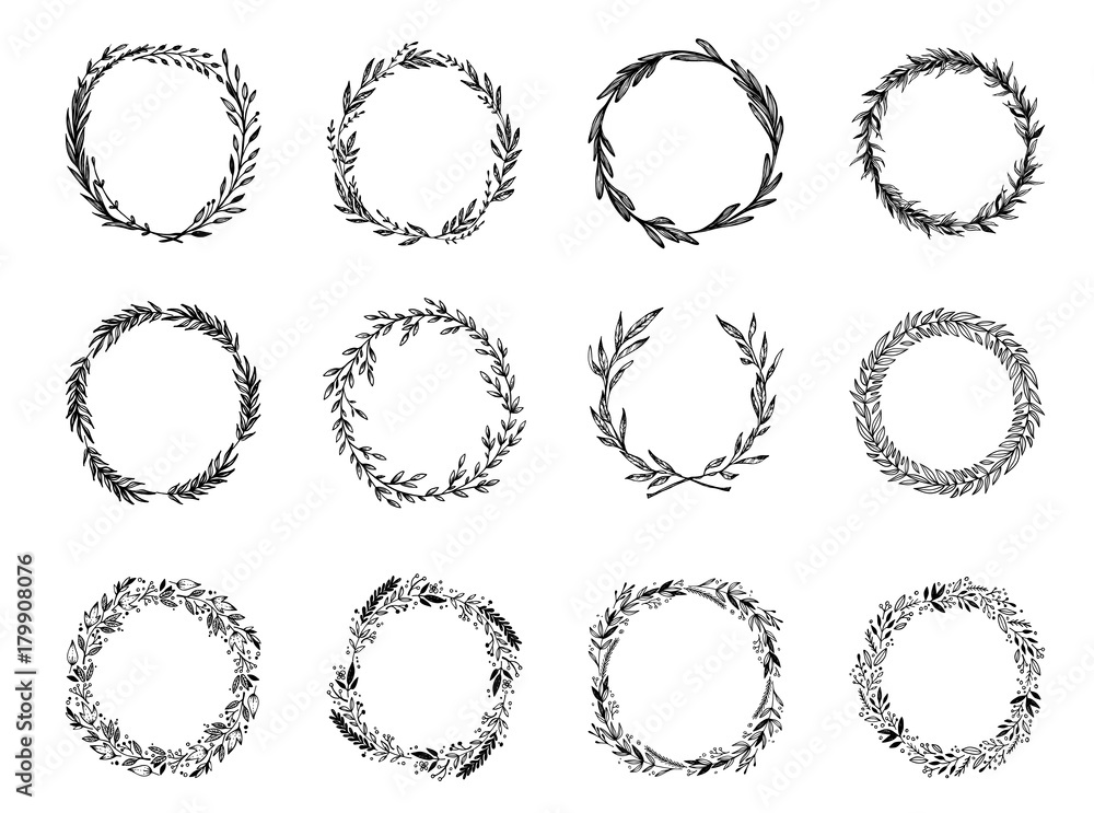 Hand sketched vector laurel wreaths with floral elements, flowers and leaves. Wild and free. Perfect for invitations, greeting cards, quotes, blogs, Wedding Frames, posters and more