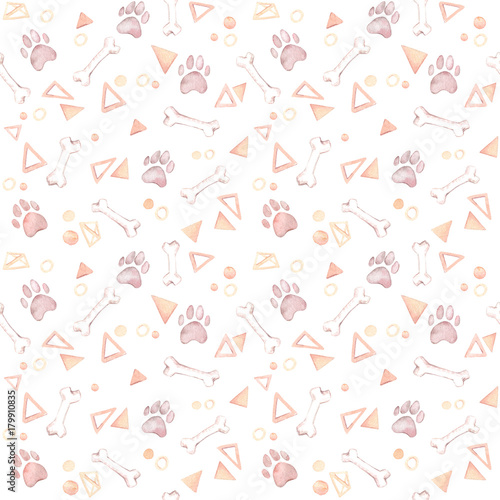 Cute background. Hand drawn watercolor seamless pattern - dog paw, bones, triangles and circles. Domestic animal. Perfect for invitations, greeting cards, posters,  banners, fabrics, packing etc