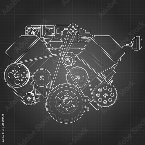 Powerful V8 car engine. The engine is drawn with white lines on a black sheet in a cage