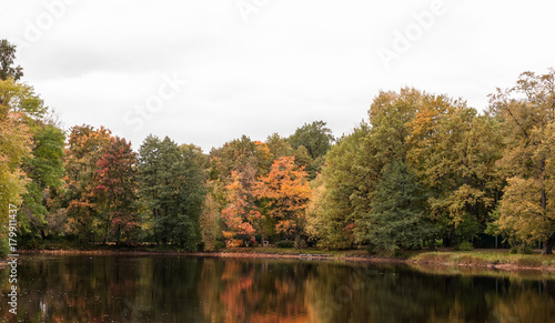 Autumn pond with autumn trees on the shore