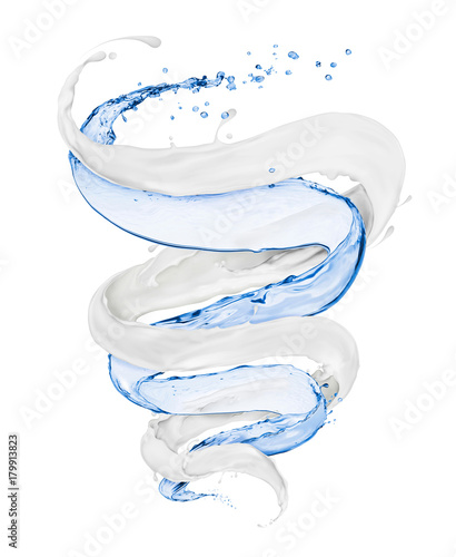 Splashes of water and milk twisted into a spiral on a white background
