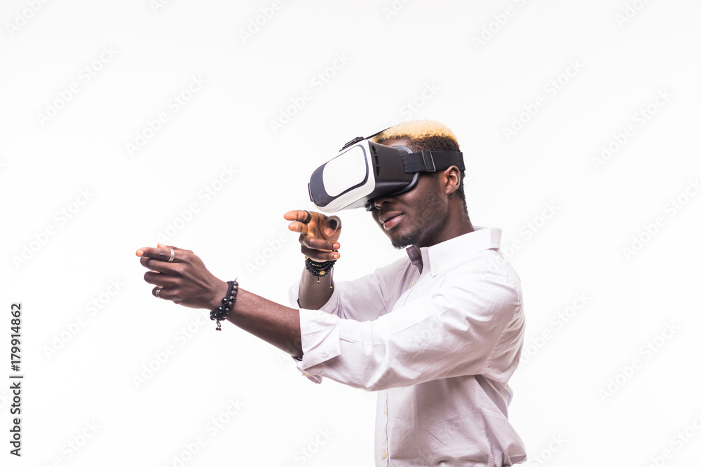 young happy and excited afro american man wearing virtual reality vr 360 vision  goggles enjoying video game isolated on clear background in innovation and  gaming Stock Photo | Adobe Stock