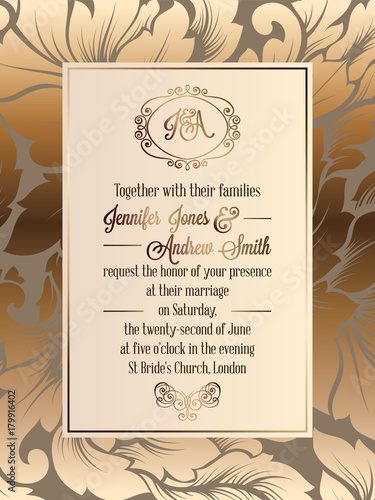 Vintage baroque style wedding invitation card template.