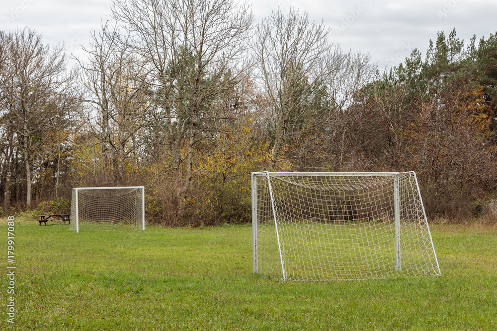 Fototapeta premium Small football field with two goals outdoors on green grass