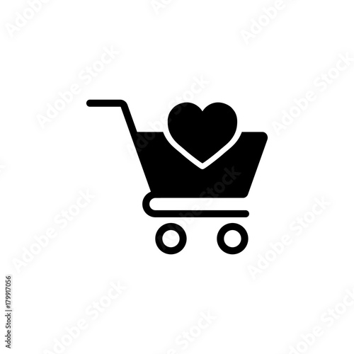 trolley with heart, web store, simple icon black on white
