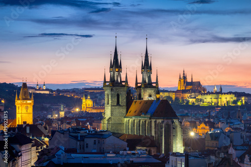 Aerial view over Church of Our Lady before Tyn  Old Town and Prague Castle at sunset in Prague  Czech Republic