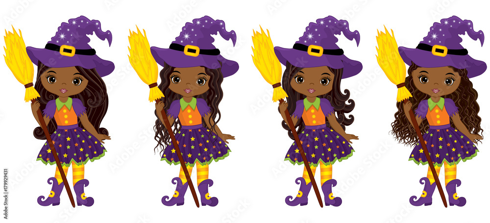 Obraz premium Vector Cute Little African American Witches with Broomsticks