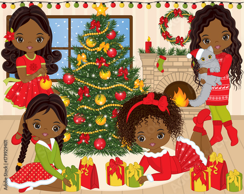 Vector Christmas and New Year Set with Cute Little African American Girls and Winter Elements