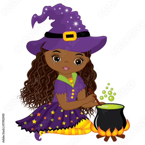 Vector Cute Little African American Witch Cooking Magic Potion in Cauldron