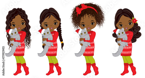 Vector Cute Little African American Girls with Cats