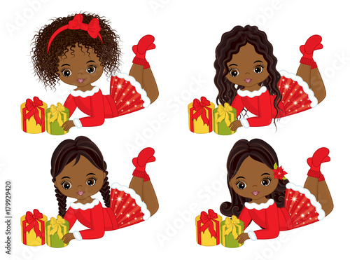 Vector Cute Little African American Girls with Christmas Gifts