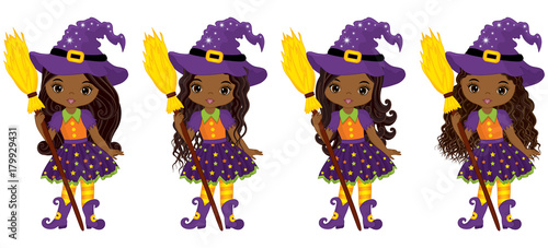 Vector Cute Little African American Witches with Broomsticks